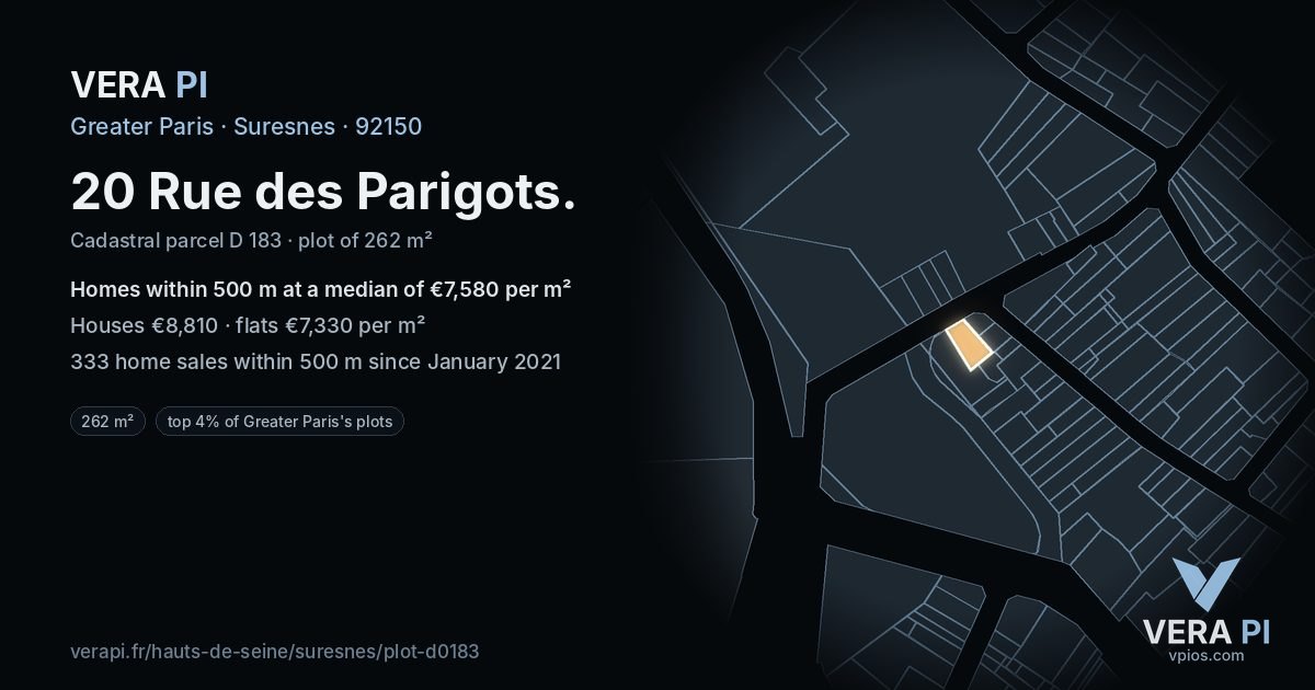20 Rue des Parigots, Suresnes at night – the plot lit, the parcels around coloured by the prices near them