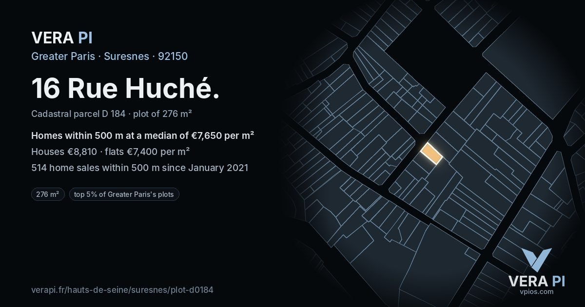 16 Rue Huché, Suresnes at night – the plot lit, the parcels around coloured by the prices near them