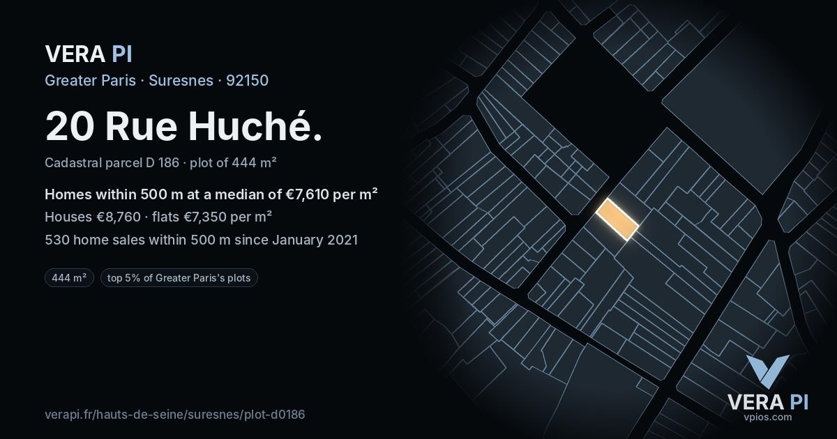 20 Rue Huché, Suresnes at night – the plot lit, the parcels around coloured by the prices near them