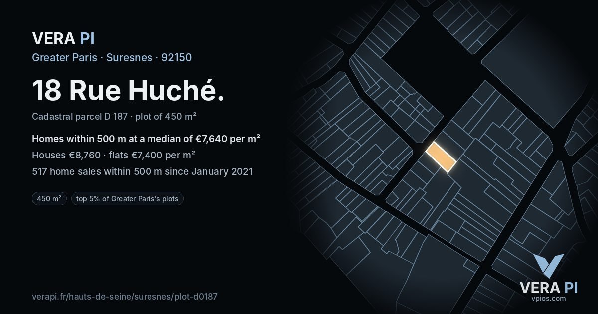 18 Rue Huché, Suresnes at night – the plot lit, the parcels around coloured by the prices near them