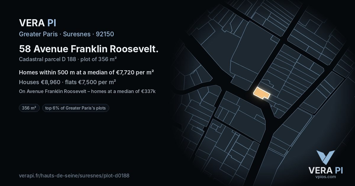 58 Avenue Franklin Roosevelt, Suresnes at night – the plot lit, the parcels around coloured by the prices near them
