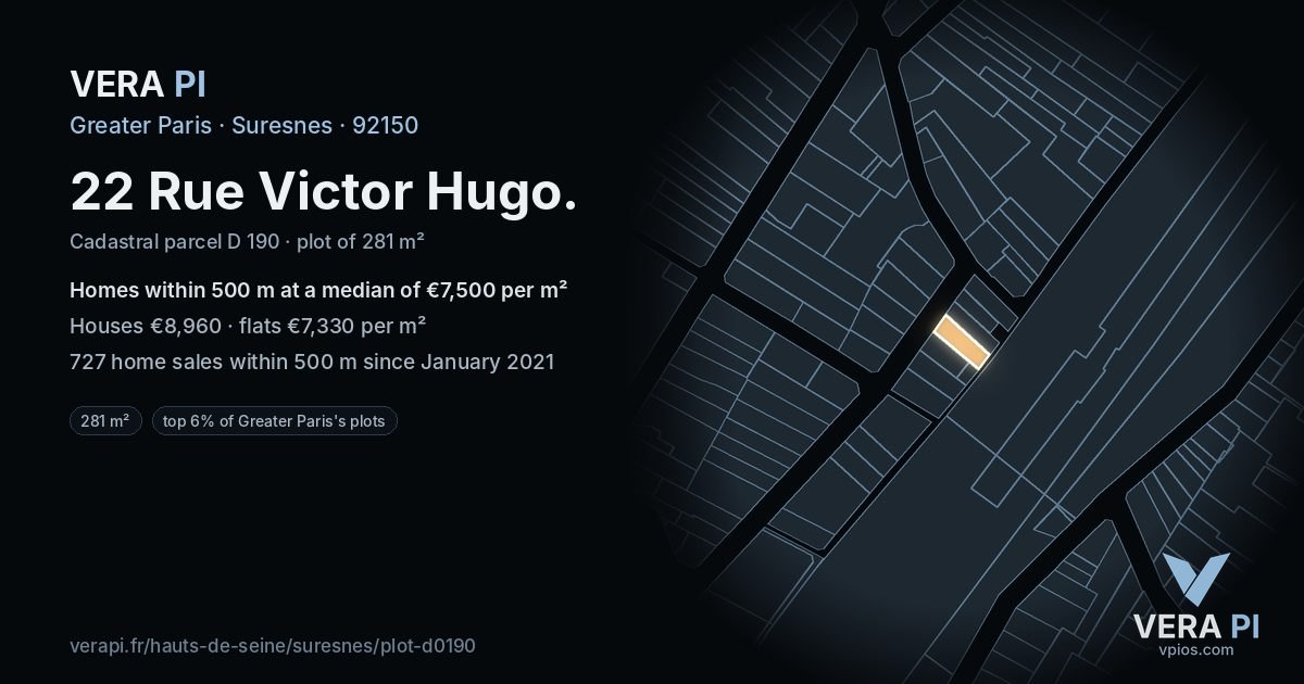 22 Rue Victor Hugo, Suresnes at night – the plot lit, the parcels around coloured by the prices near them