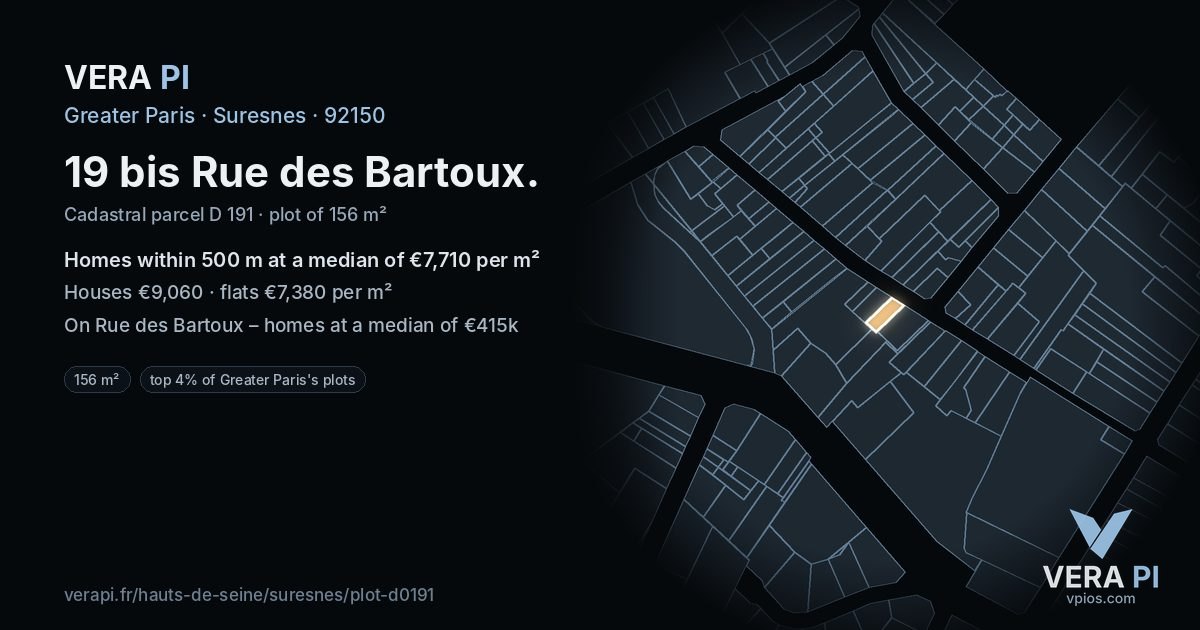 19 bis Rue des Bartoux, Suresnes at night – the plot lit, the parcels around coloured by the prices near them