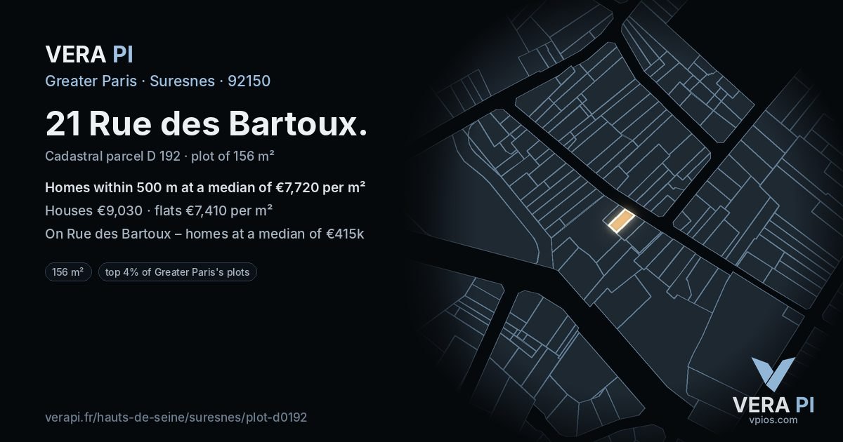 21 Rue des Bartoux, Suresnes at night – the plot lit, the parcels around coloured by the prices near them