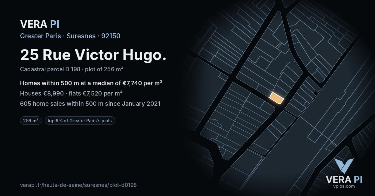 25 Rue Victor Hugo, Suresnes at night – the plot lit, the parcels around coloured by the prices near them