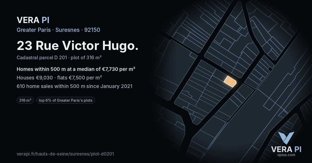 23 Rue Victor Hugo, Suresnes at night – the plot lit, the parcels around coloured by the prices near them