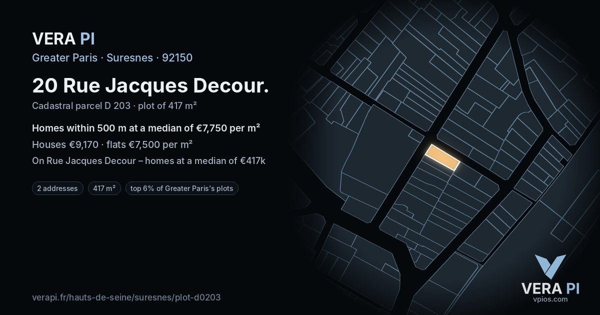 20 Rue Jacques Decour, Suresnes at night – the plot lit, the parcels around coloured by the prices near them