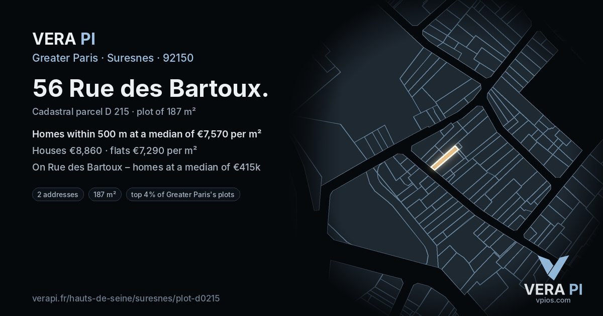 56 Rue des Bartoux, Suresnes at night – the plot lit, the parcels around coloured by the prices near them