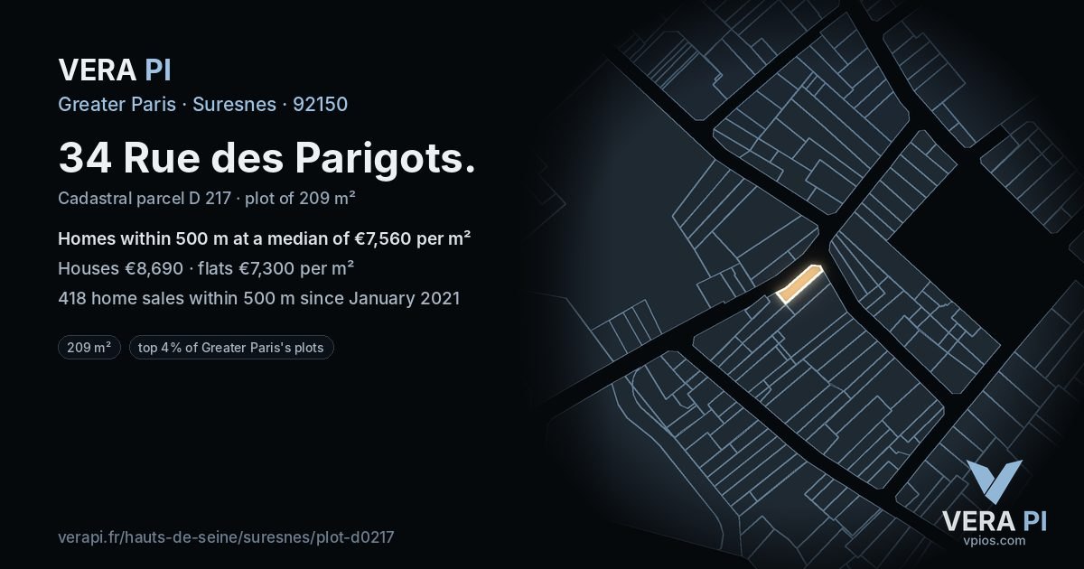 34 Rue des Parigots, Suresnes at night – the plot lit, the parcels around coloured by the prices near them