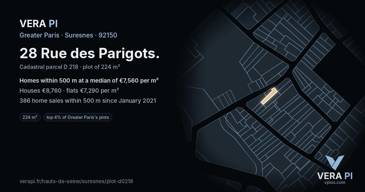 28 Rue des Parigots, Suresnes at night – the plot lit, the parcels around coloured by the prices near them