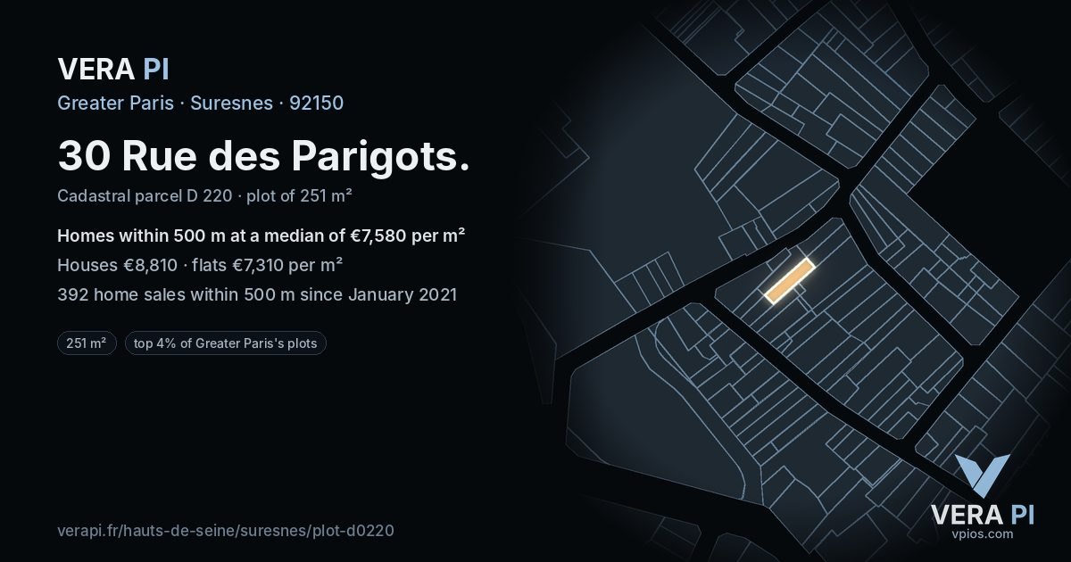 30 Rue des Parigots, Suresnes at night – the plot lit, the parcels around coloured by the prices near them