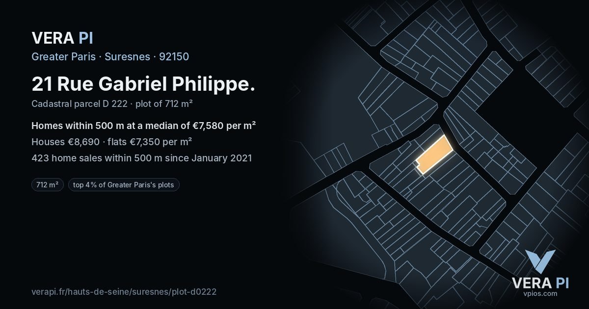 21 Rue Gabriel Philippe, Suresnes at night – the plot lit, the parcels around coloured by the prices near them
