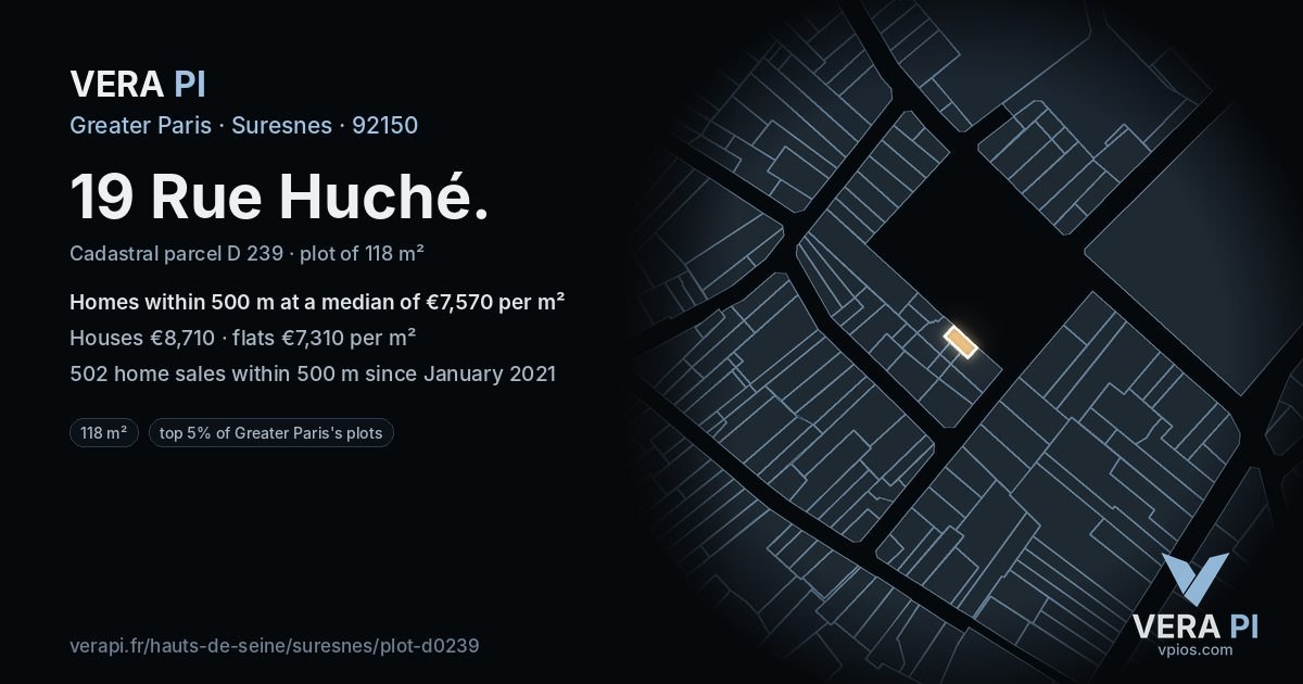 19 Rue Huché, Suresnes at night – the plot lit, the parcels around coloured by the prices near them
