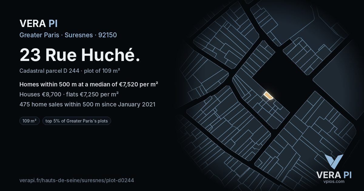 23 Rue Huché, Suresnes at night – the plot lit, the parcels around coloured by the prices near them