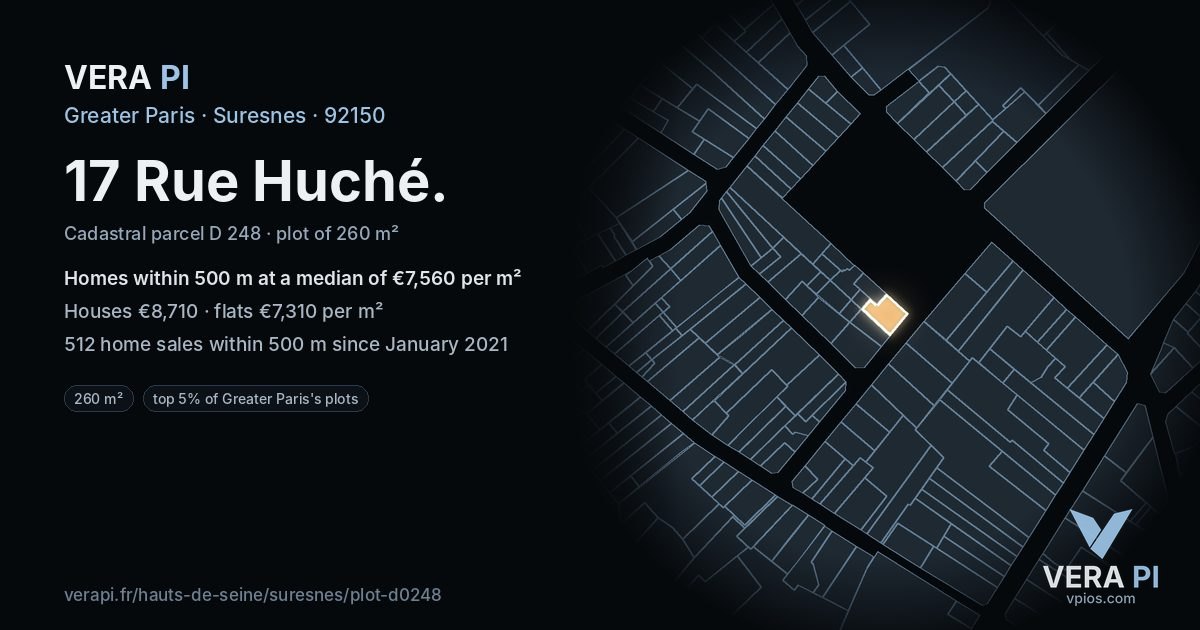 17 Rue Huché, Suresnes at night – the plot lit, the parcels around coloured by the prices near them