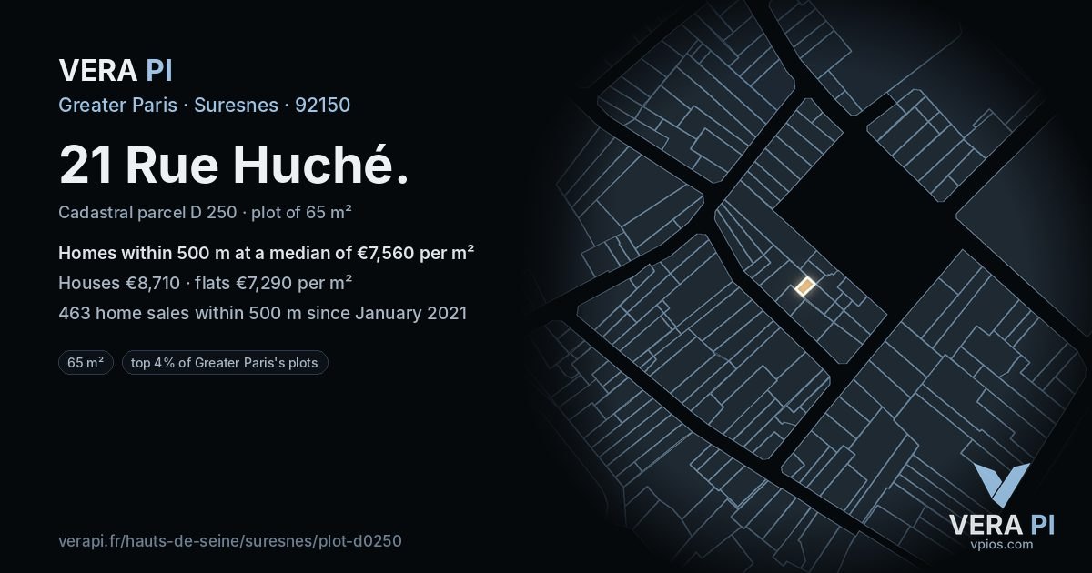 21 Rue Huché, Suresnes at night – the plot lit, the parcels around coloured by the prices near them