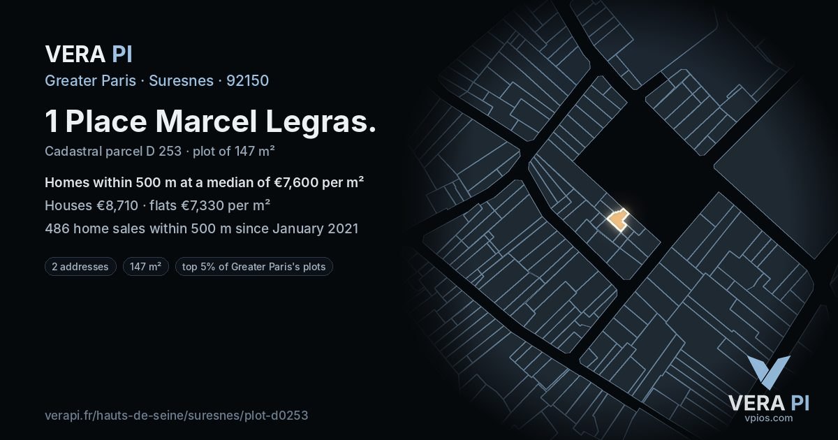 1 Place Marcel Legras, Suresnes at night – the plot lit, the parcels around coloured by the prices near them