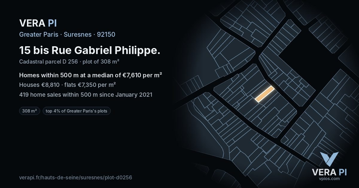 15 bis Rue Gabriel Philippe, Suresnes at night – the plot lit, the parcels around coloured by the prices near them
