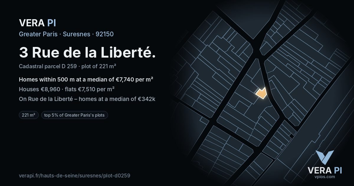 3 Rue de la Liberté, Suresnes at night – the plot lit, the parcels around coloured by the prices near them
