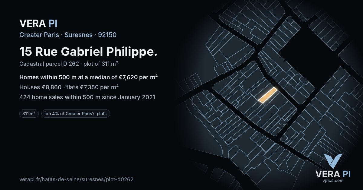 15 Rue Gabriel Philippe, Suresnes at night – the plot lit, the parcels around coloured by the prices near them