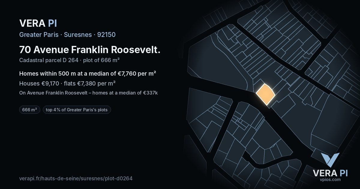 70 Avenue Franklin Roosevelt, Suresnes at night – the plot lit, the parcels around coloured by the prices near them
