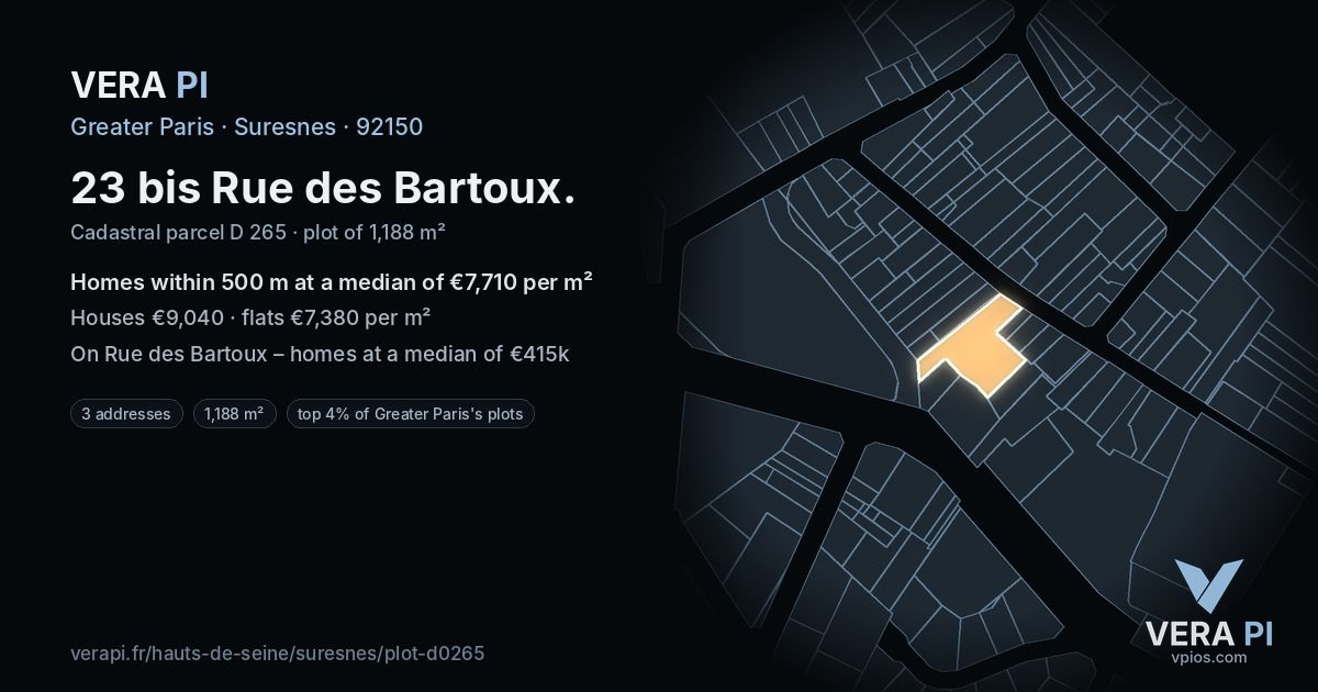 23 bis Rue des Bartoux, Suresnes at night – the plot lit, the parcels around coloured by the prices near them