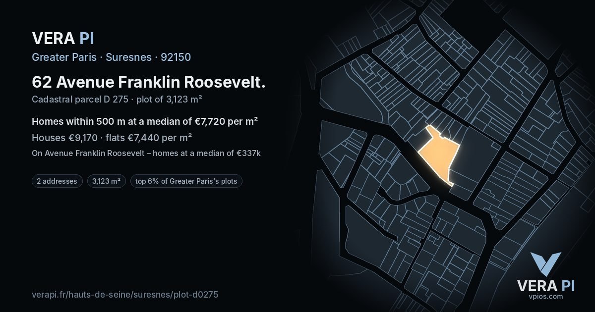 62 Avenue Franklin Roosevelt, Suresnes at night – the plot lit, the parcels around coloured by the prices near them