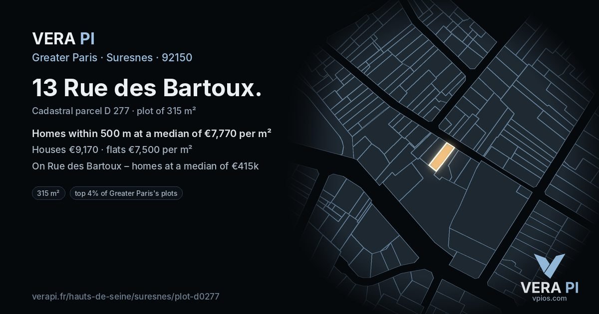 13 Rue des Bartoux, Suresnes at night – the plot lit, the parcels around coloured by the prices near them