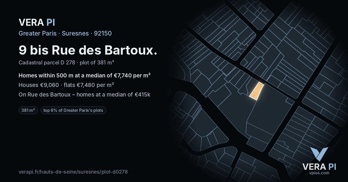 9 bis Rue des Bartoux, Suresnes at night – the plot lit, the parcels around coloured by the prices near them
