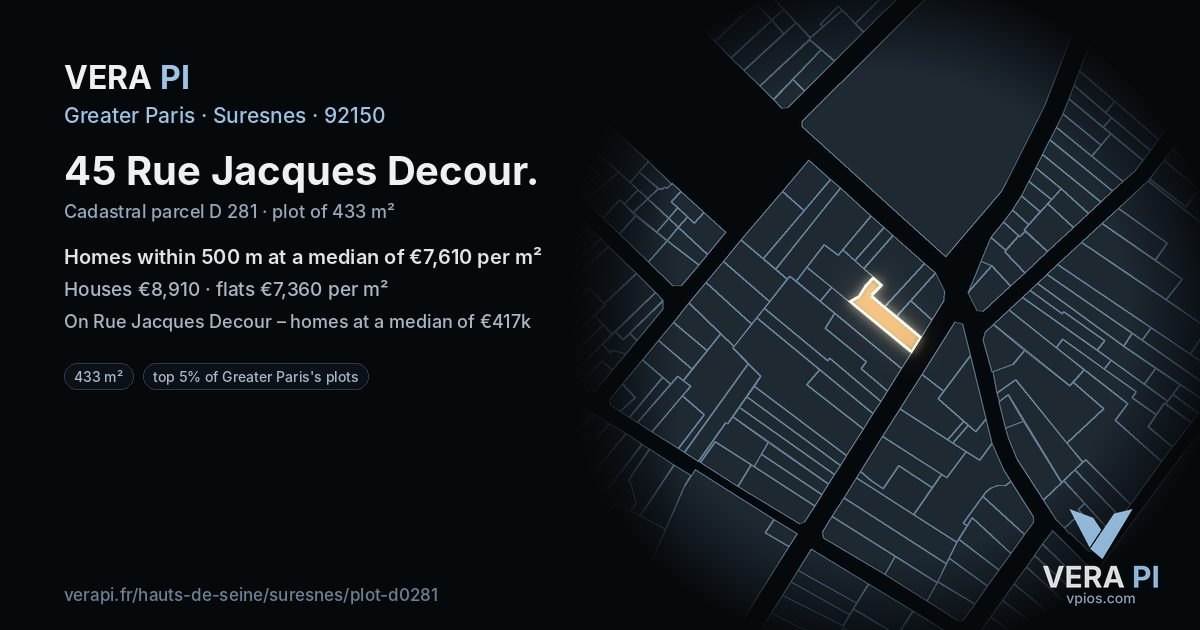45 Rue Jacques Decour, Suresnes at night – the plot lit, the parcels around coloured by the prices near them