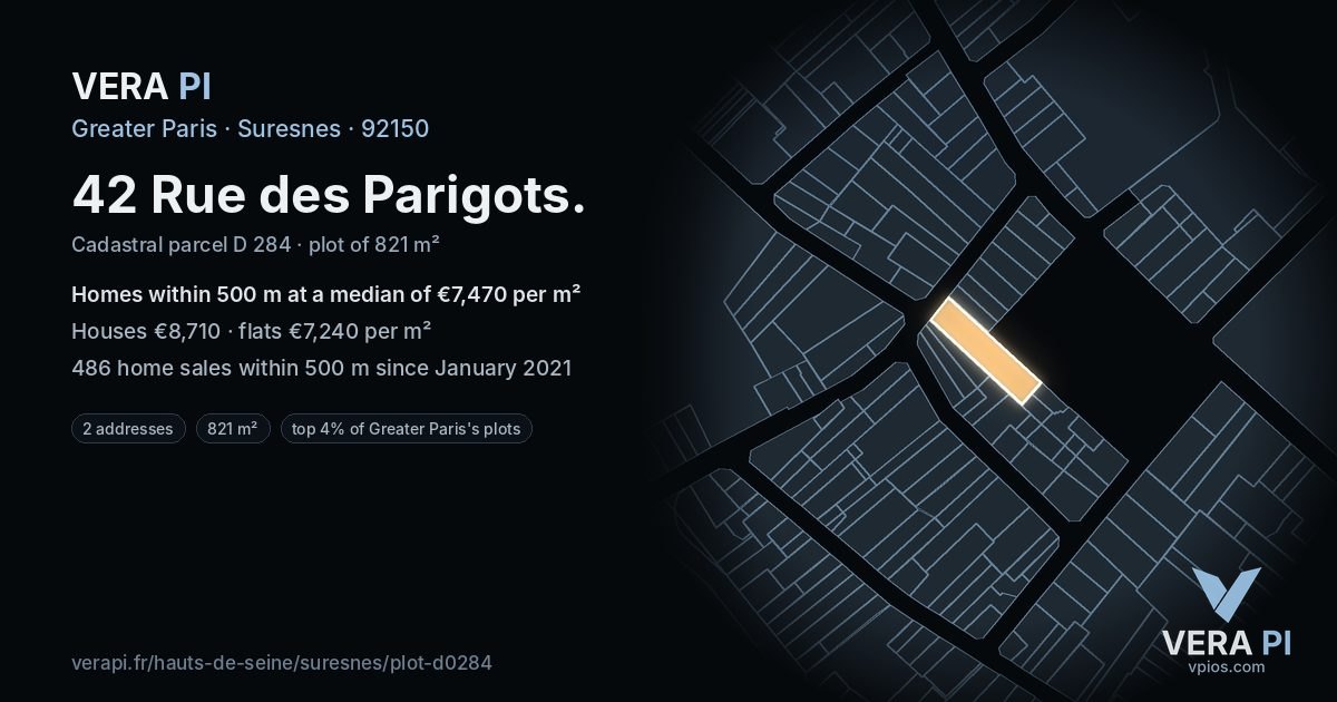 42 Rue des Parigots, Suresnes at night – the plot lit, the parcels around coloured by the prices near them