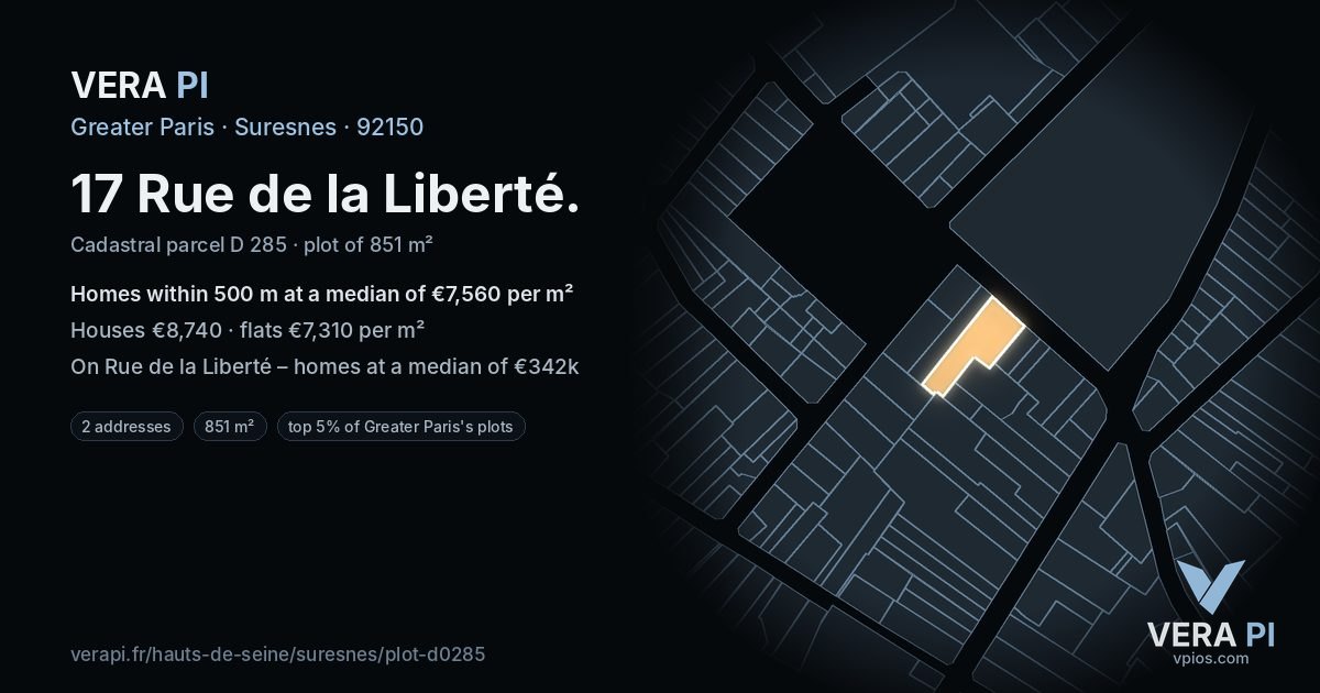 17 Rue de la Liberté, Suresnes at night – the plot lit, the parcels around coloured by the prices near them