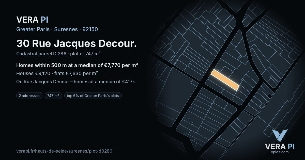 30 Rue Jacques Decour, Suresnes at night – the plot lit, the parcels around coloured by the prices near them