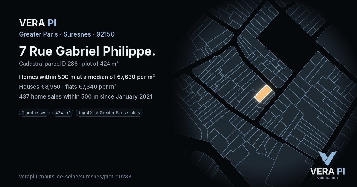7 Rue Gabriel Philippe, Suresnes at night – the plot lit, the parcels around coloured by the prices near them