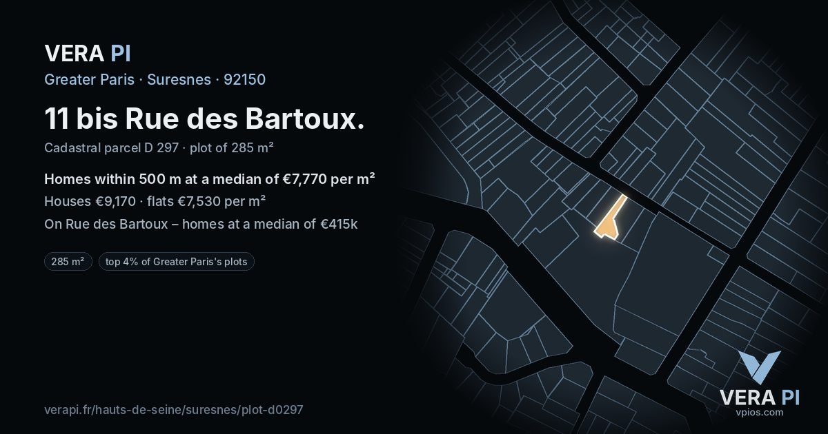 11 bis Rue des Bartoux, Suresnes at night – the plot lit, the parcels around coloured by the prices near them