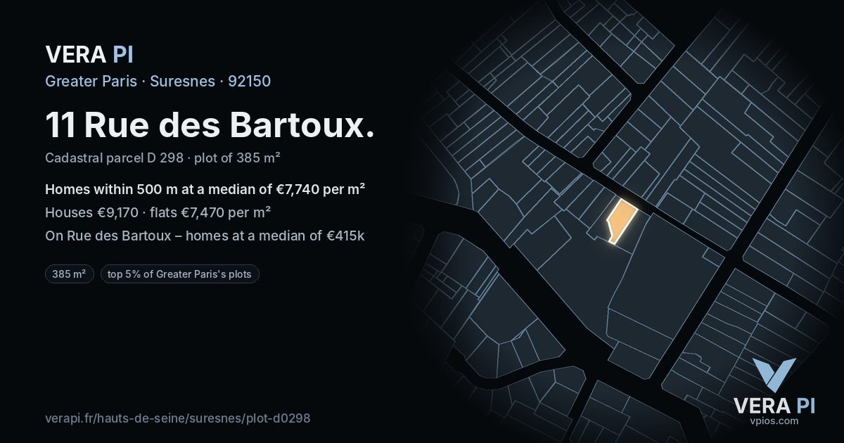 11 Rue des Bartoux, Suresnes at night – the plot lit, the parcels around coloured by the prices near them