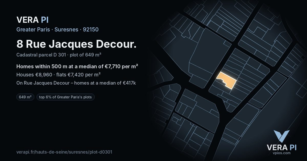 8 Rue Jacques Decour, Suresnes at night – the plot lit, the parcels around coloured by the prices near them