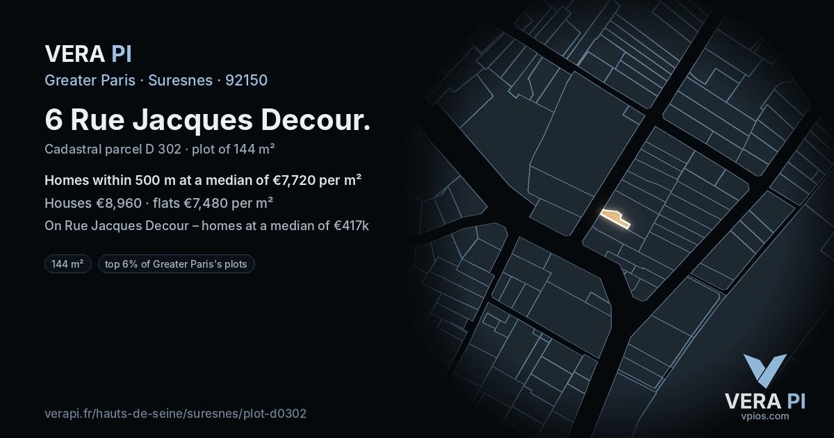 6 Rue Jacques Decour, Suresnes at night – the plot lit, the parcels around coloured by the prices near them
