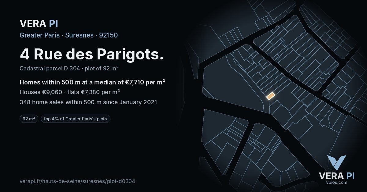 4 Rue des Parigots, Suresnes at night – the plot lit, the parcels around coloured by the prices near them