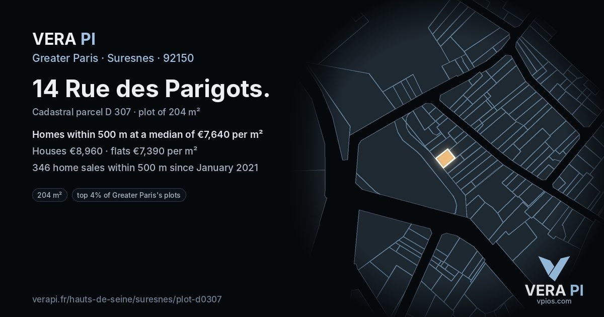 14 Rue des Parigots, Suresnes at night – the plot lit, the parcels around coloured by the prices near them
