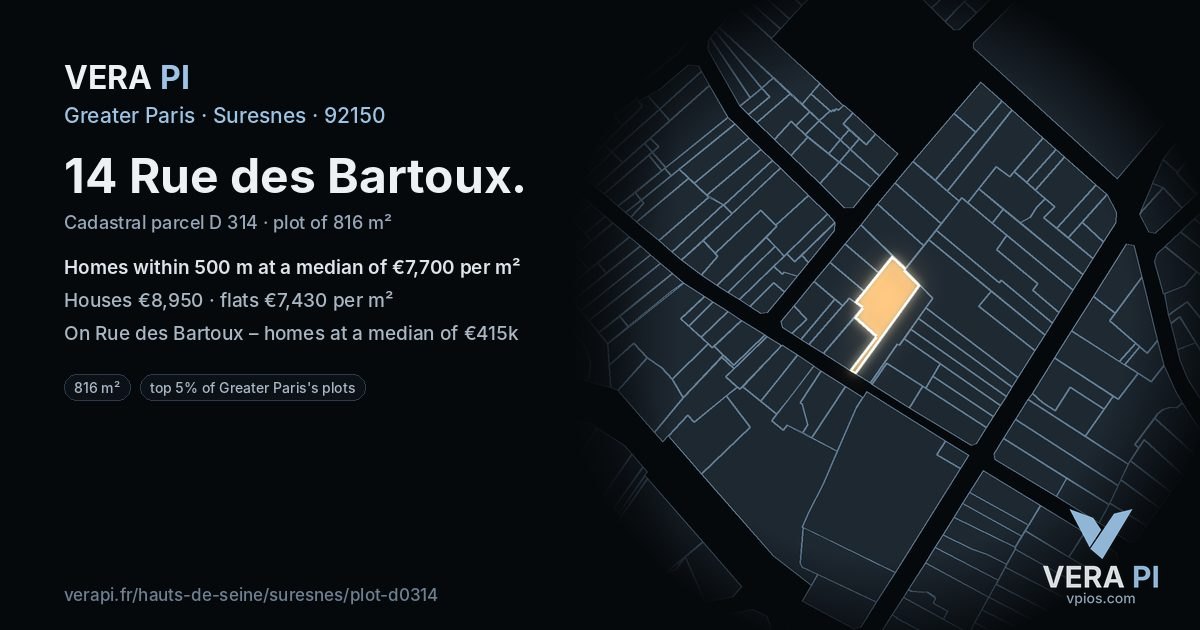 14 Rue des Bartoux, Suresnes at night – the plot lit, the parcels around coloured by the prices near them
