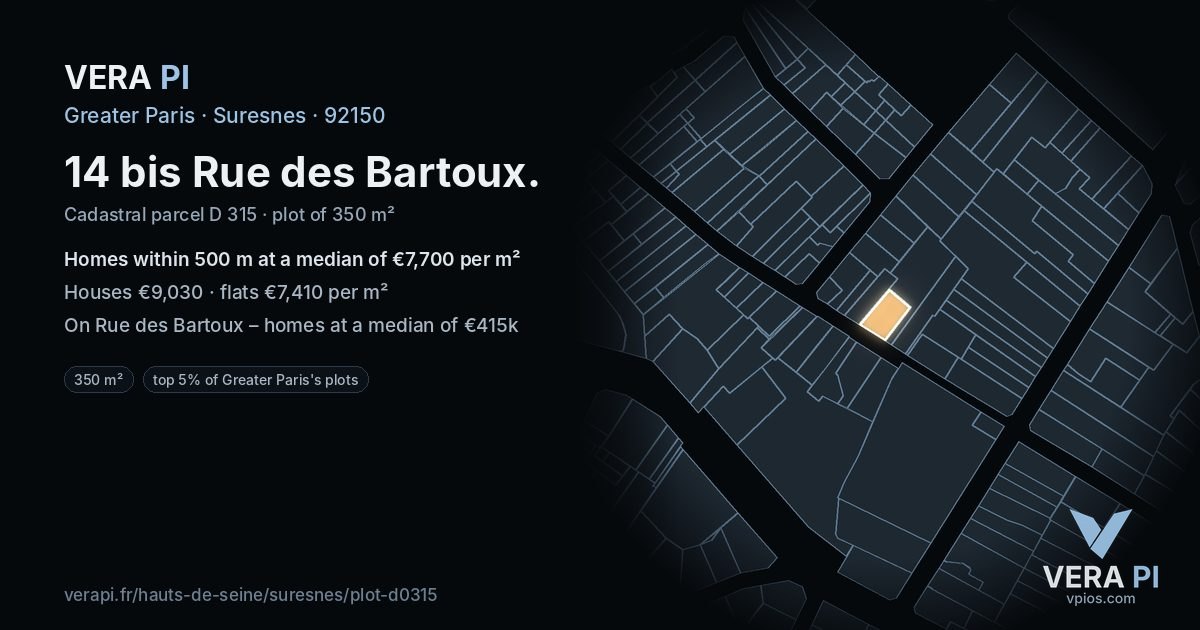 14 bis Rue des Bartoux, Suresnes at night – the plot lit, the parcels around coloured by the prices near them