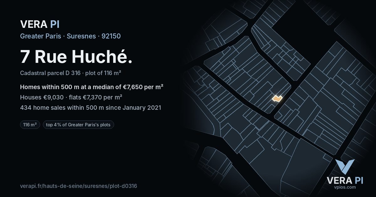 7 Rue Huché, Suresnes at night – the plot lit, the parcels around coloured by the prices near them