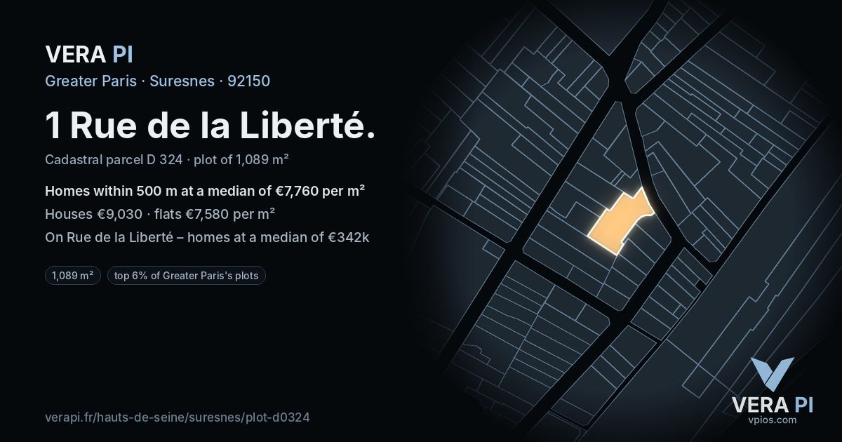 1 Rue de la Liberté, Suresnes at night – the plot lit, the parcels around coloured by the prices near them