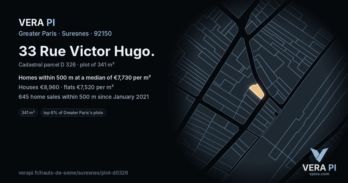 33 Rue Victor Hugo, Suresnes at night – the plot lit, the parcels around coloured by the prices near them