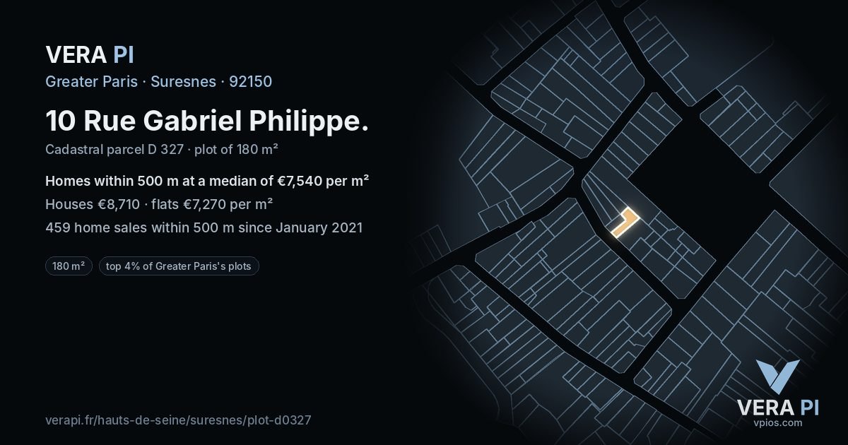 10 Rue Gabriel Philippe, Suresnes at night – the plot lit, the parcels around coloured by the prices near them