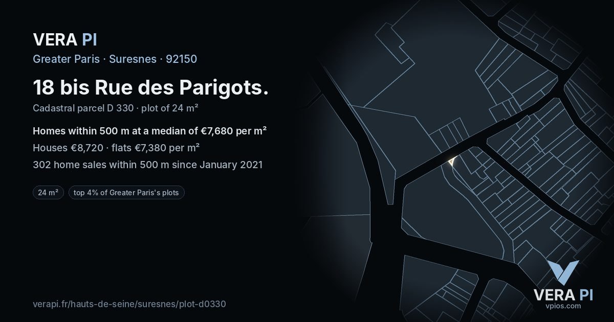 18 bis Rue des Parigots, Suresnes at night – the plot lit, the parcels around coloured by the prices near them