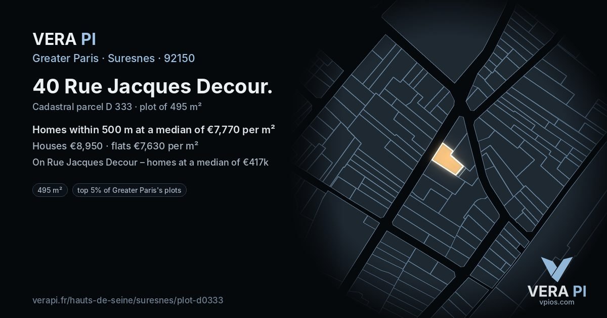 40 Rue Jacques Decour, Suresnes at night – the plot lit, the parcels around coloured by the prices near them