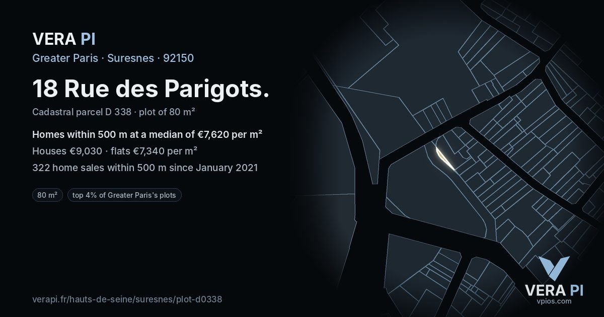 18 Rue des Parigots, Suresnes at night – the plot lit, the parcels around coloured by the prices near them
