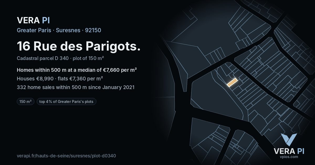 16 Rue des Parigots, Suresnes at night – the plot lit, the parcels around coloured by the prices near them